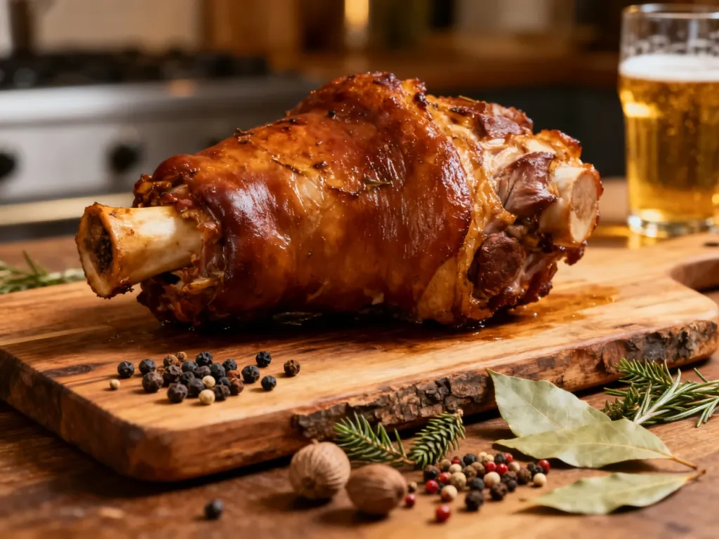 Pieczona golonka na drewnianej desce w otoczeniu aromatycznych przypraw, takich jak jałowiec i liście laurowe.