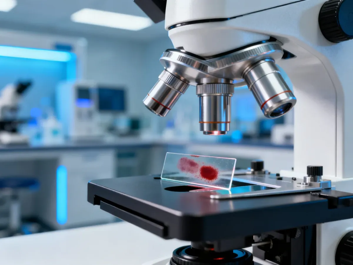 Profesjonalny mikroskop laboratoryjny z próbką krwi na szkiełku, przygotowany do analizy parametrów morfologicznych.