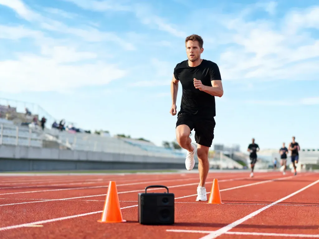 Mężczyzna biegnący beep test na bieżni między pachołkami, skupiony wysiłek i ocena kondycji fizycznej na stadionie