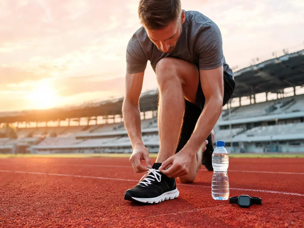 Biegacz wiąże buty na bieżni o wschodzie słońca; obok zegarek i woda, atmosfera przygotowań do maratonu.