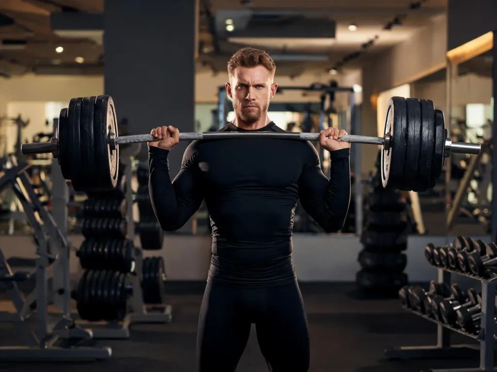 Mocno zbudowany sportowiec podnosi ciężką sztangę na siłowni, symbolizując siłę, rekordy i trening strongman.