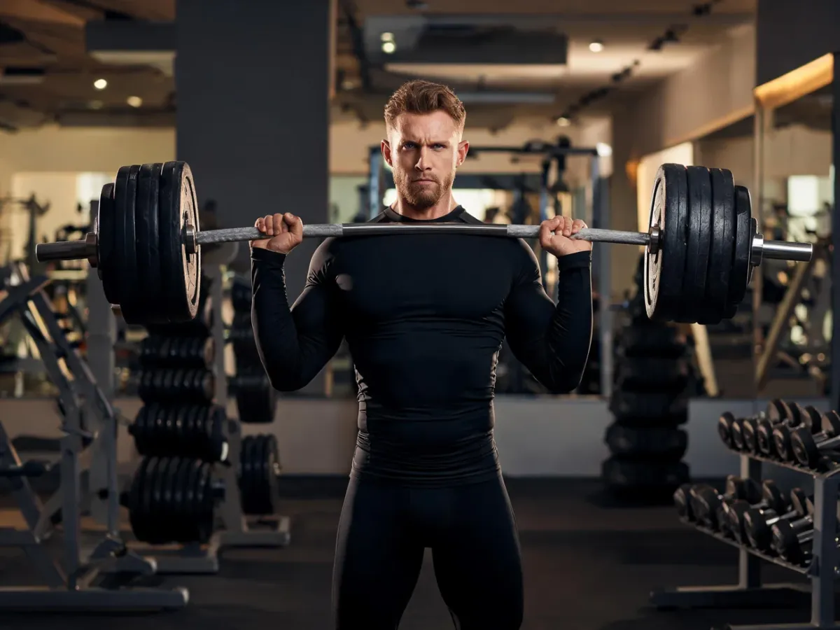 Mocno zbudowany sportowiec podnosi ciężką sztangę na siłowni, symbolizując siłę, rekordy i trening strongman.