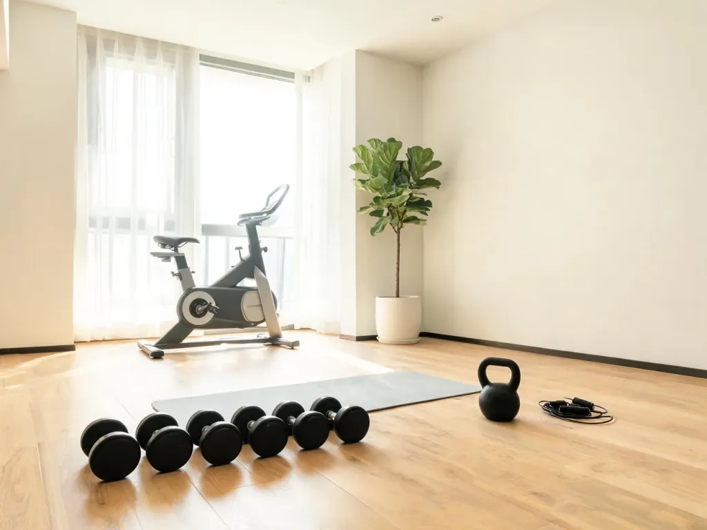 Przytulna domowa siłownia z podstawowym sprzętem: hantle, mata, kettlebell, skakanka i rowerek przy dużym oknie.