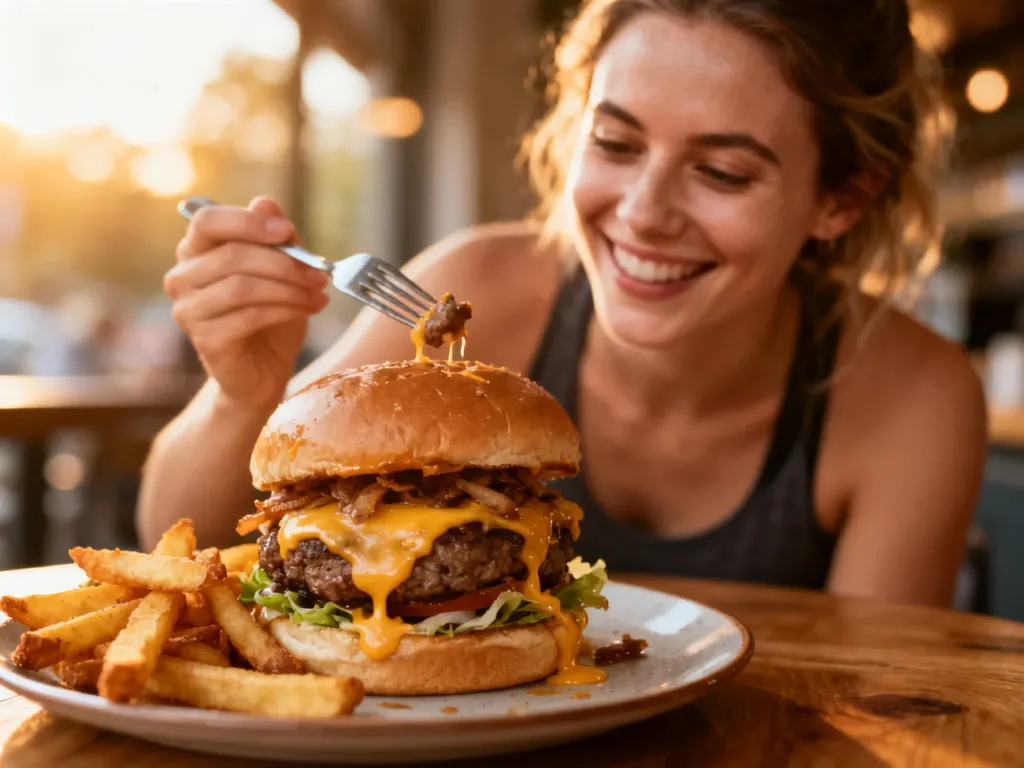 Apetyczny burger z frytkami na drewnianym stole, na który z radością patrzy uśmiechnięta kobieta.