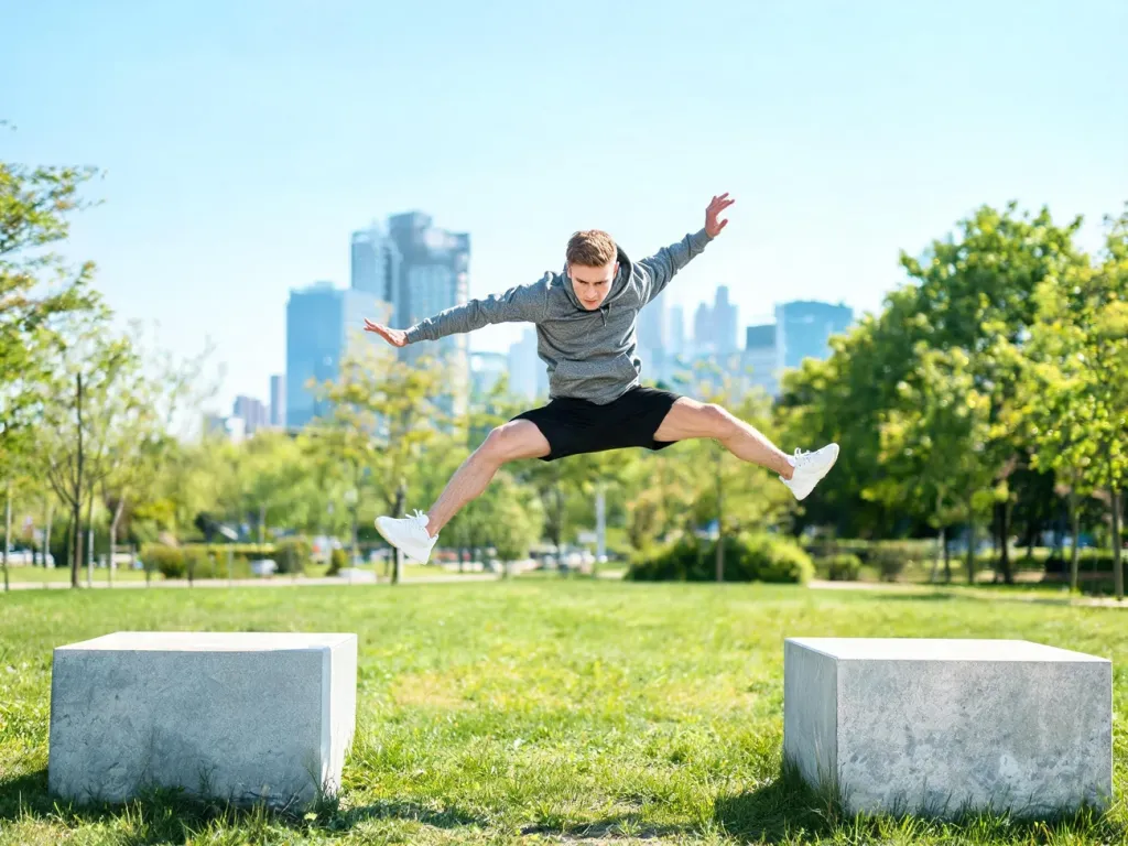 Młody mężczyzna wykonuje skok parkour między betonowymi blokami w miejskim parku, pokazując dynamikę i kontrolę ruchu.