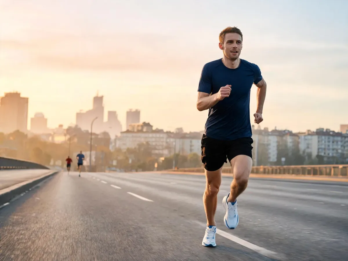 Biegacz na pustej miejskiej trasie o świcie, dynamiczny kadr podkreślający wysiłek i energię przygotowań do maratonu.
