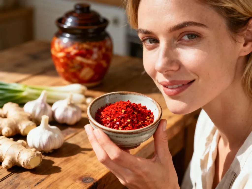 Kobieta trzymająca miseczkę z płatkami chili gochugaru na tle składników do przygotowania kimchi.