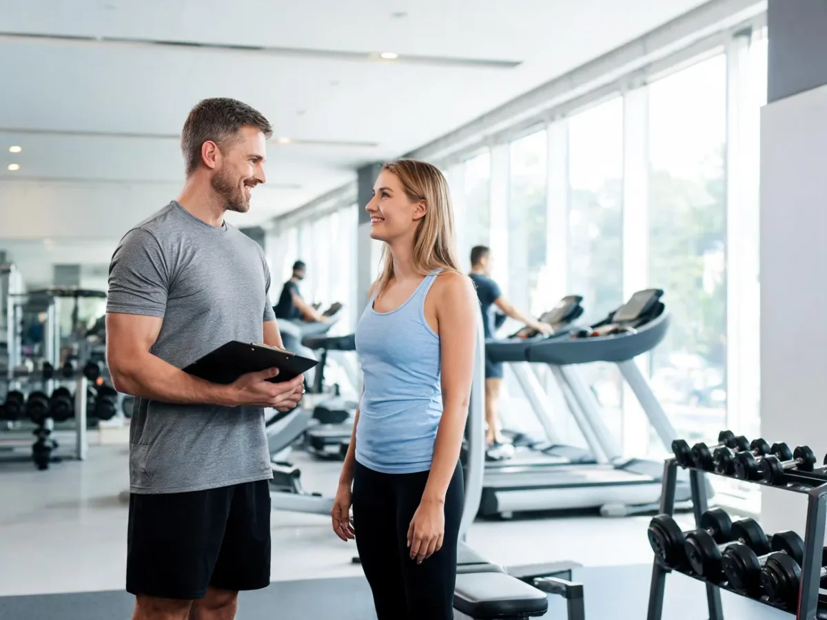 Trener personalny z notatnikiem rozmawia z klientką na siłowni, w nowoczesnym, jasnym wnętrzu klubu fitness.