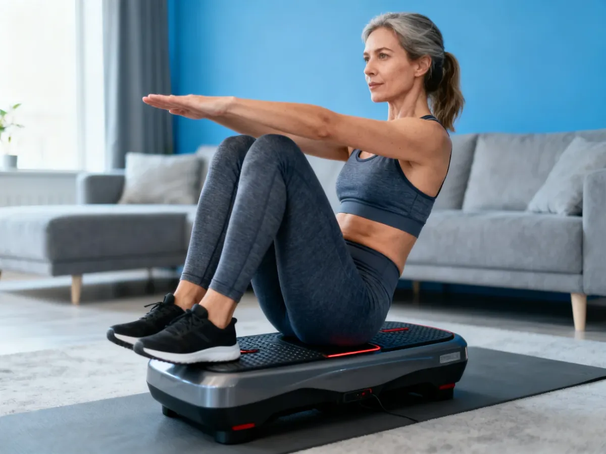 Kobieta wykonująca Russian twist na platformie wibracyjnej