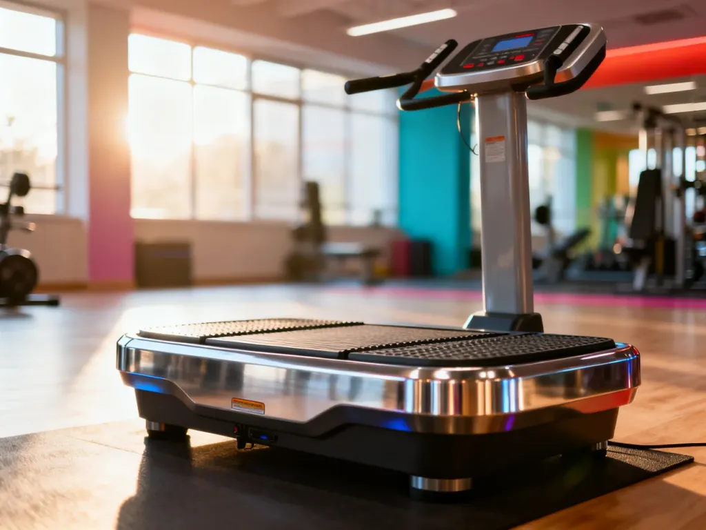 Nowoczesna platforma wibracyjna w jasnym studiu fitness, przygotowana do treningu mięśni brzucha.