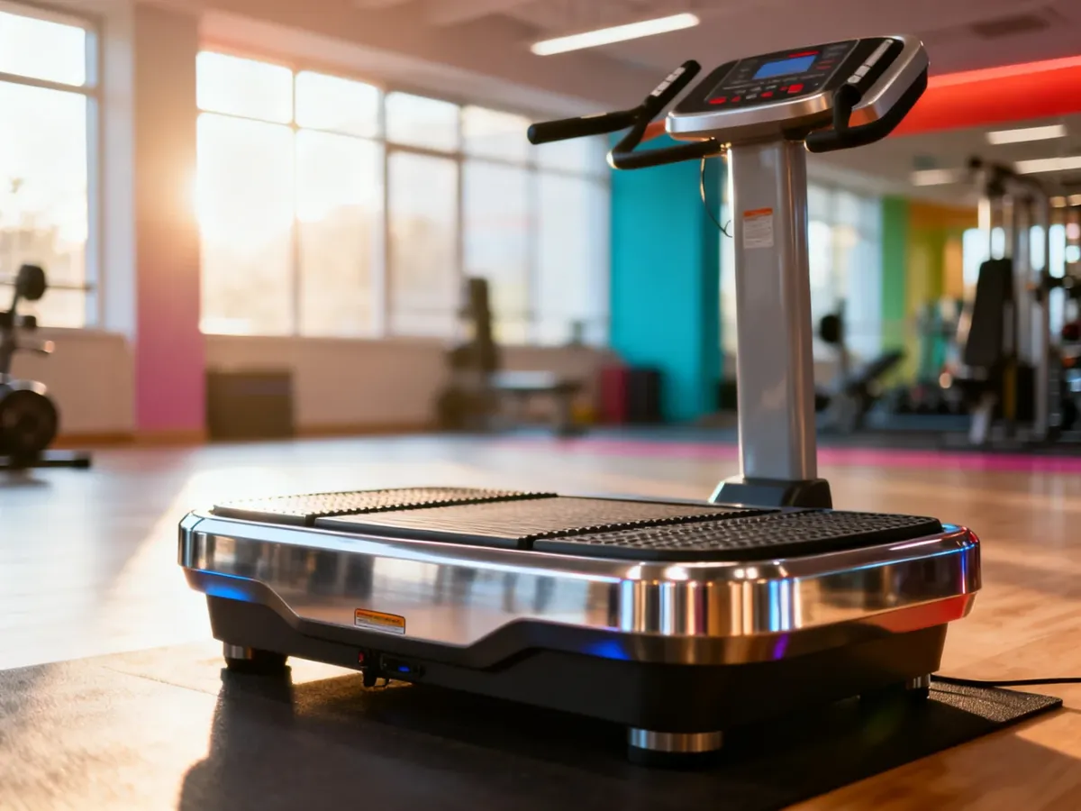 Nowoczesna platforma wibracyjna w jasnym studiu fitness, przygotowana do treningu mięśni brzucha.