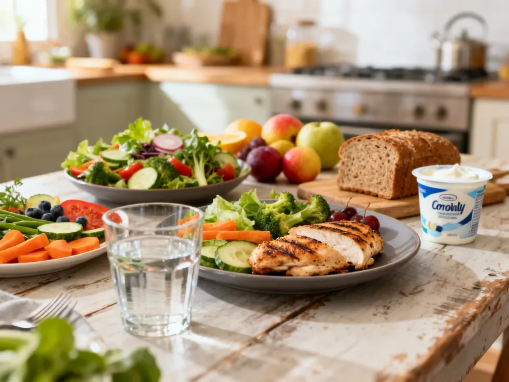 Zbilansowane posiłki na diecie 1500 kcal: warzywa, grillowany kurczak, owoce i pełnoziarniste pieczywo na drewnianym stole.
