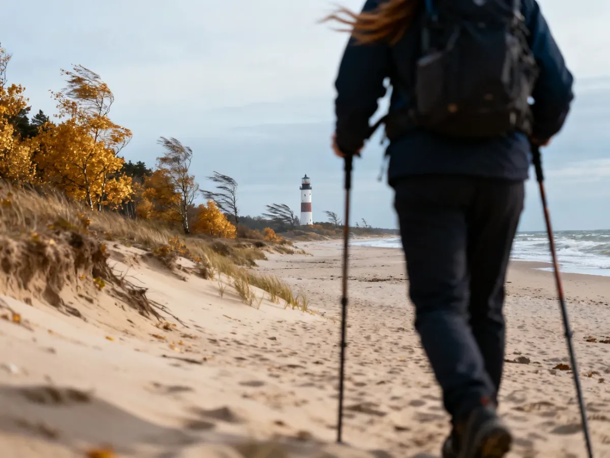 Nordic walking na jesiennej plaży z latarnią w tle