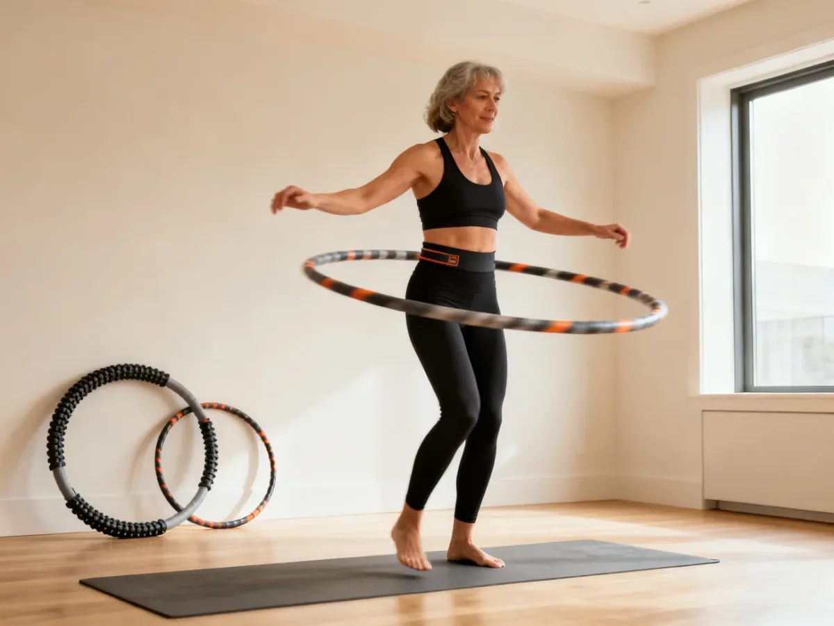Kobieta ćwicząca z obciążonym hula hop w domowej przestrzeni treningowej