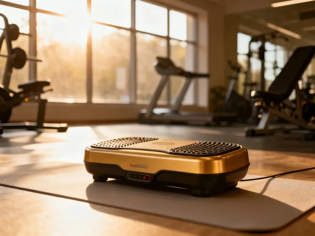 Profesjonalny pas wibracyjny leżący na macie do jogi w nowoczesnym studiu fitness, gotowy do treningu.