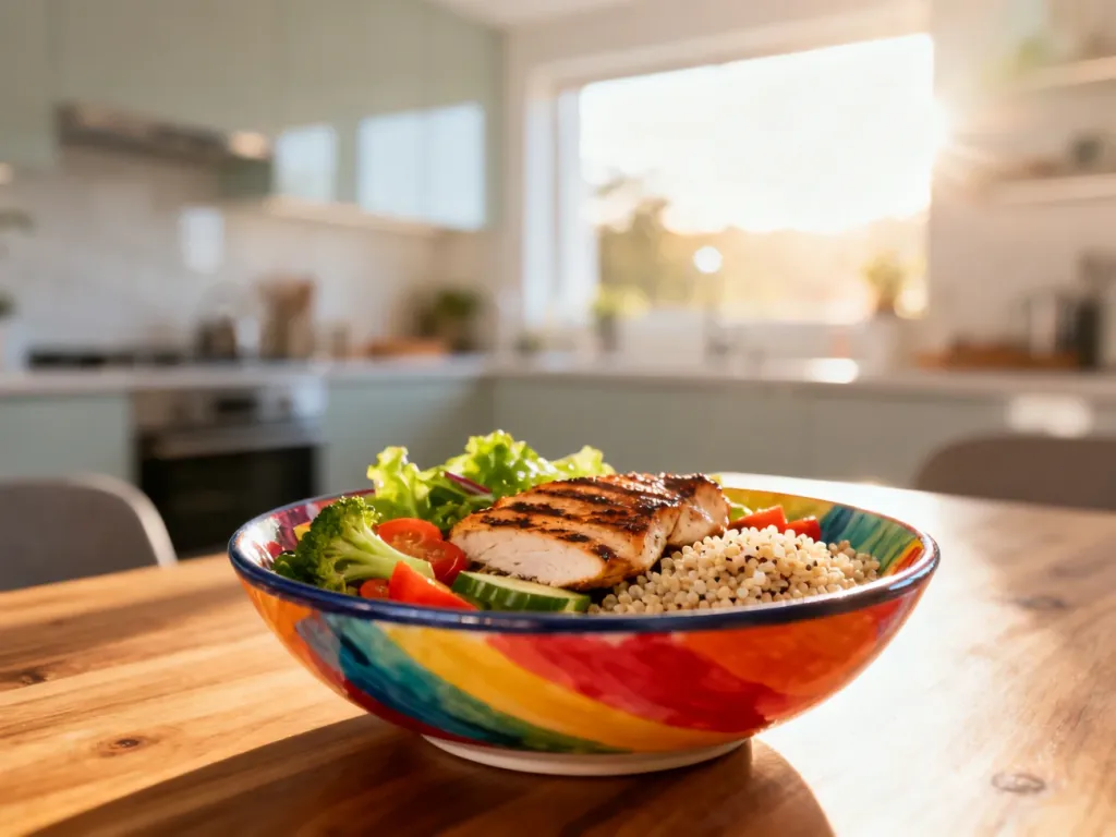 Kolorowa miska z grillowanym kurczakiem, warzywami i komosą ryżową jako przykład zdrowego posiłku w diecie 1500 kcal.