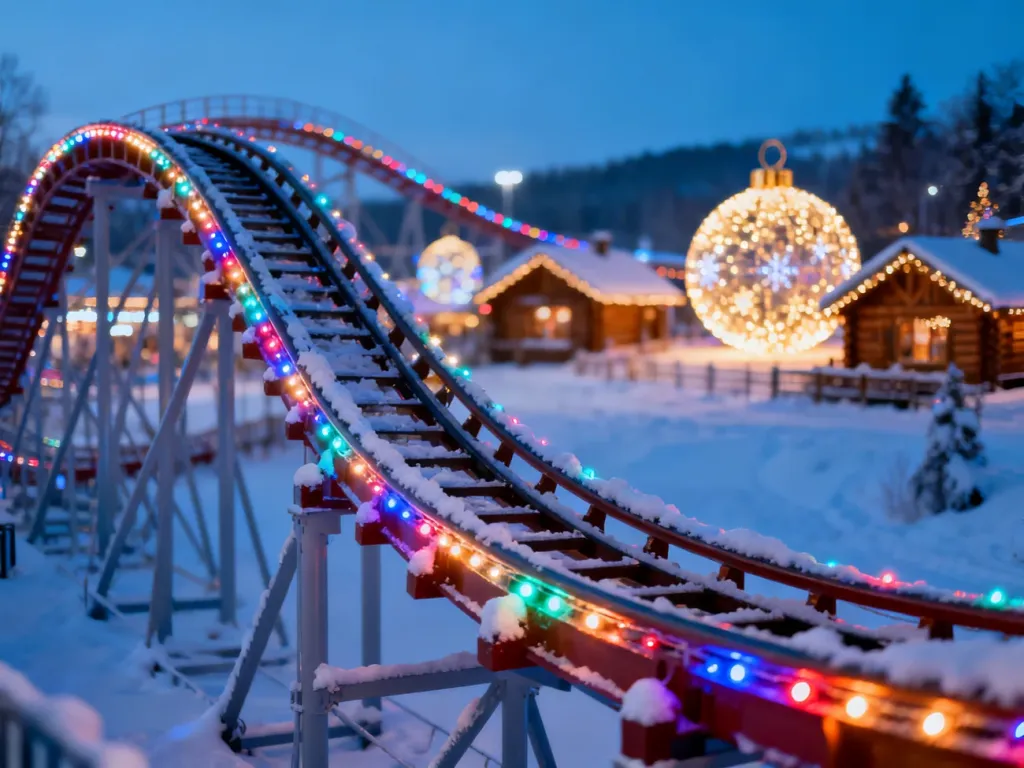 Oświetlony kolorowymi światłami rollercoaster w zimowej scenerii parku rozrywki Energylandia nocą.