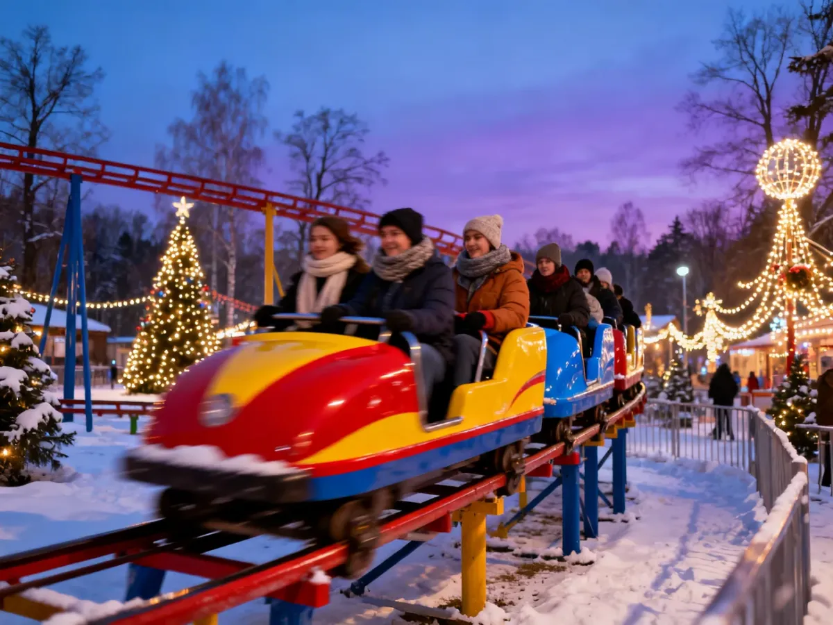 Rollercoaster działający zimą w oświetlonym parku rozrywki