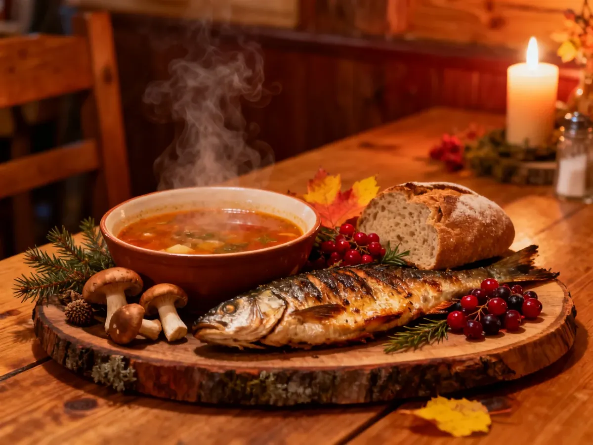 Regionalne mazurskie dania w przytulnej restauracji jesienią