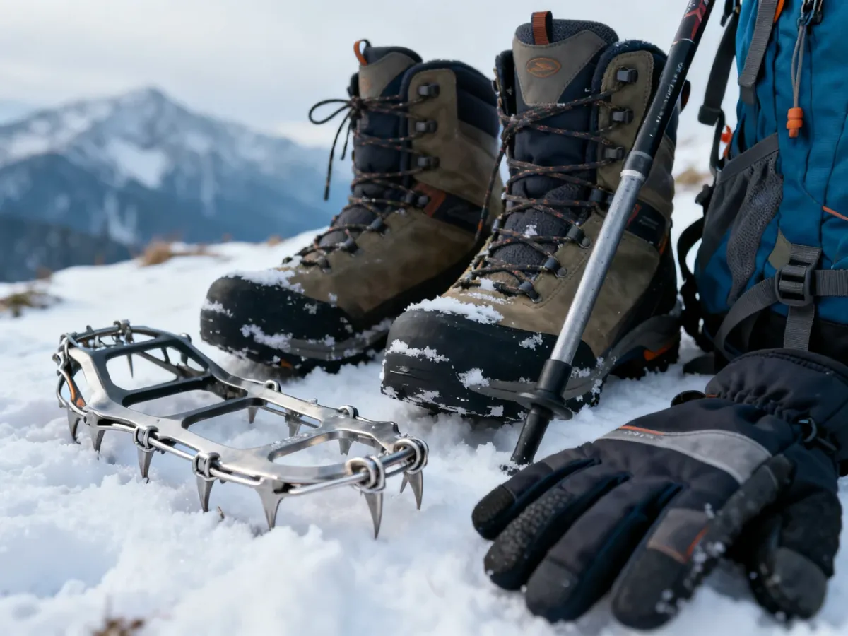 Zimowy sprzęt turystyczny z raczkami i butami trekkingowymi