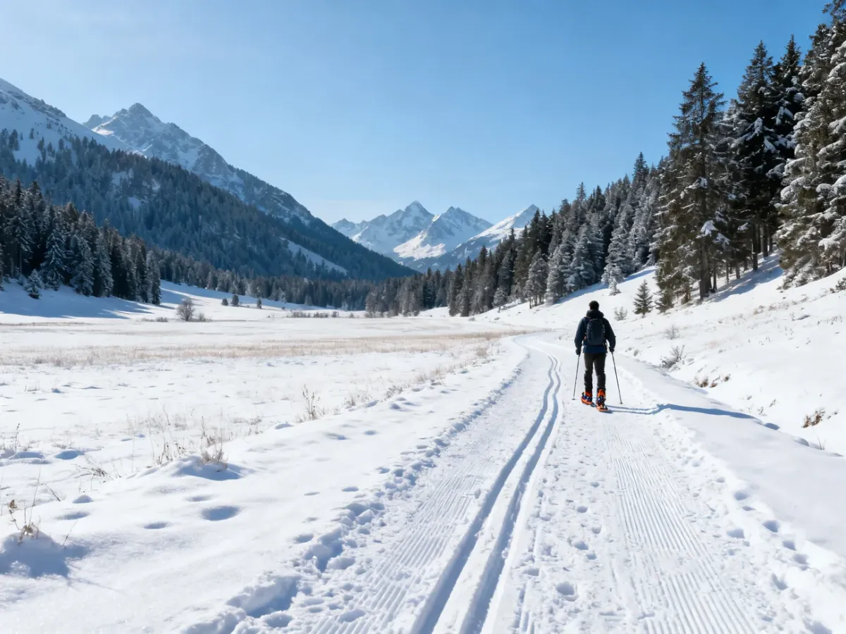 Turysta w rakietach śnieżnych na zimowym szlaku