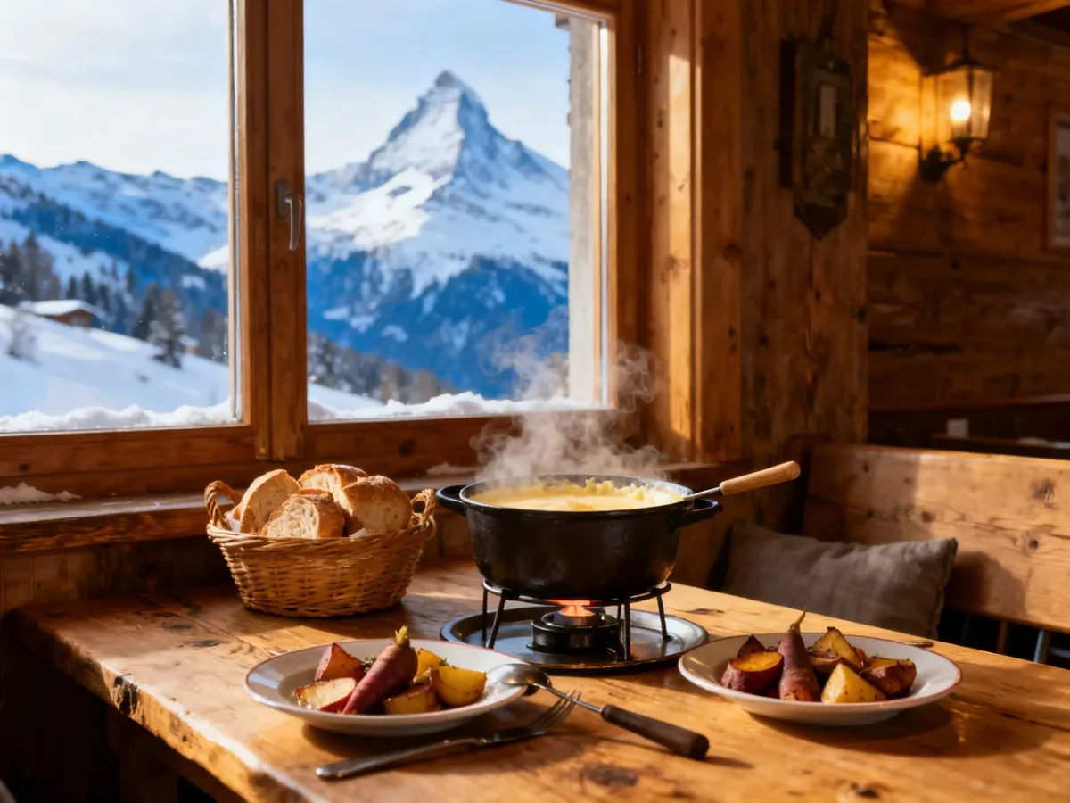 Fondue serowe na stole w górskiej restauracji z widokiem na Alpy